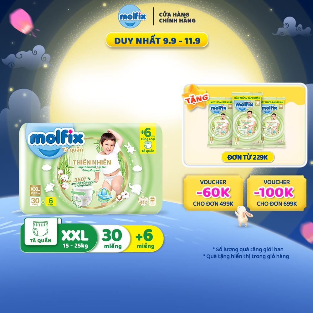 Tã/bỉm quần Molfix Thiên nhiên Jumbo XXL (15kg - 25kg) - Gói 28+6 miếng