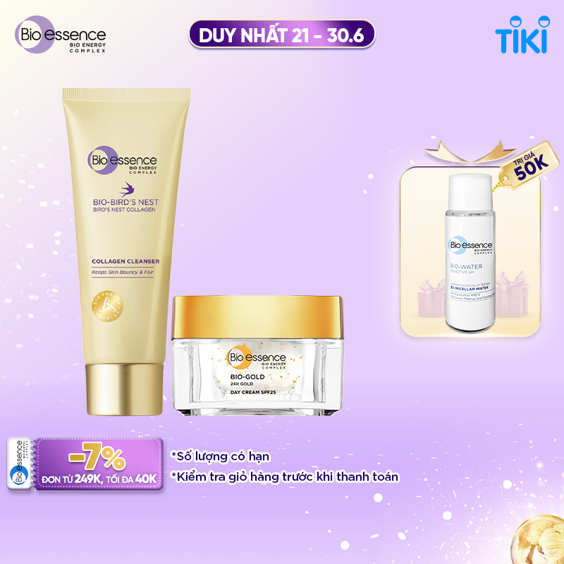 Combo Kem dưỡng ngừa lão hóa ban ngày Bio-essence Bio-gold 40g &amp; Sữa rửa mặt sạch sâu Bio-essence Bio-Bird's nest 100g