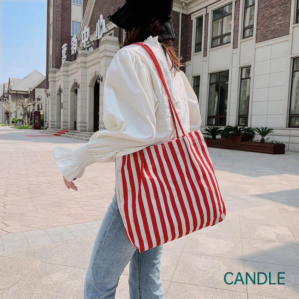 Túi Xách Đeo Vai Vải Canvas Cỡ Lớn Kẻ Sọc Phối Màu Xinh Xắn Cho Nữ