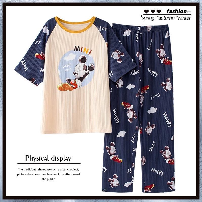 Bộ Mặc Nhà Pyjama Áo Cộc Quần Dài Cổ Tròn Chất Cotton Thấm Hút Co Dãn Mềm Mại