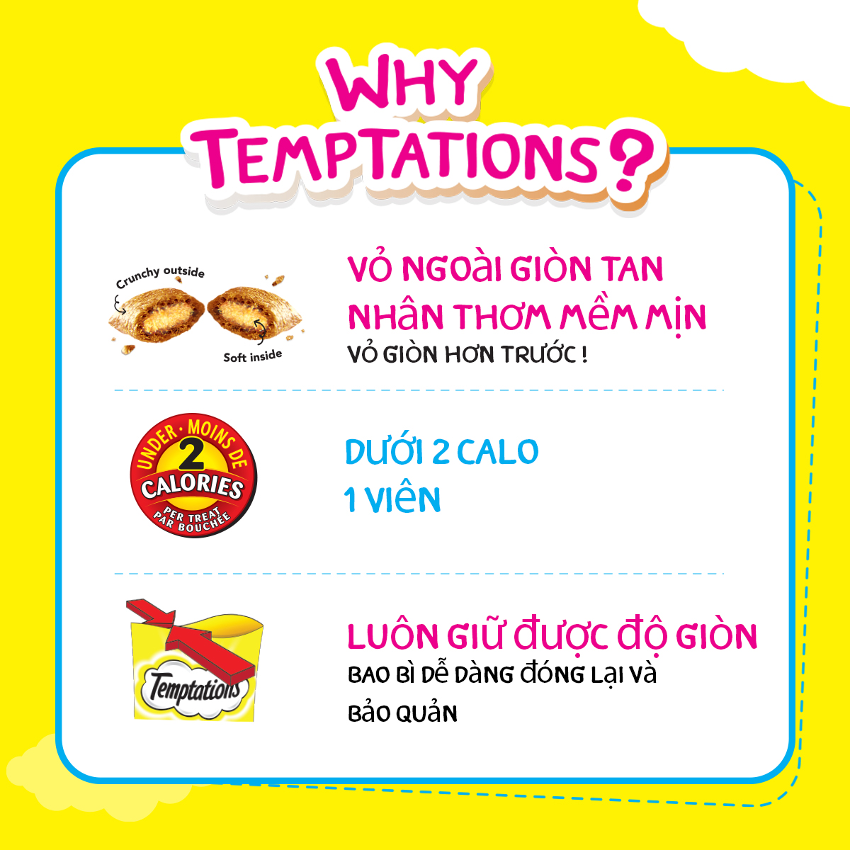 Bộ 3 túi bánh thưởng cho mèo Temptations: vị cá ngừ, hải sản và gà 75g/túi