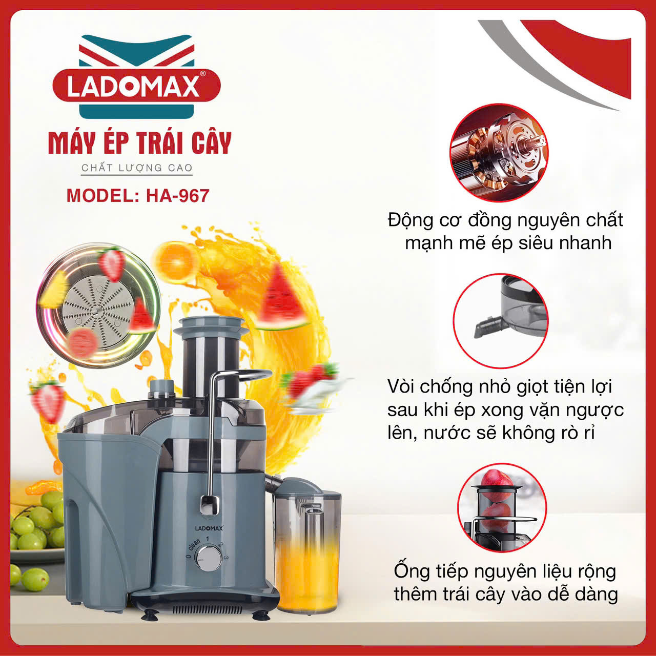 Máy ép trái cây cho quán 1180W thế hệ mới Ladomax HA-967 có chế độ vệ sinh lưới, ép kiệt bã-Hàng chính hãng