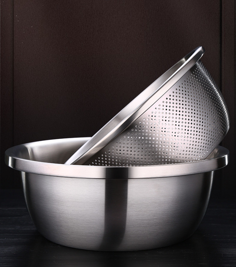 Bộ Thau Rổ Inox 304  - Rổ 22cm + Thau 24cm 2.7 lít