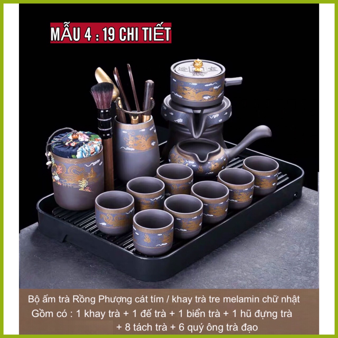ComBo Khay + Bộ Ấm Chén Trà Cối Xay Tự Động Rồng Phượng Gốm Sứ ,Cát Tím cao cấp Độc Đáo ,19, 18, Chi Tiết