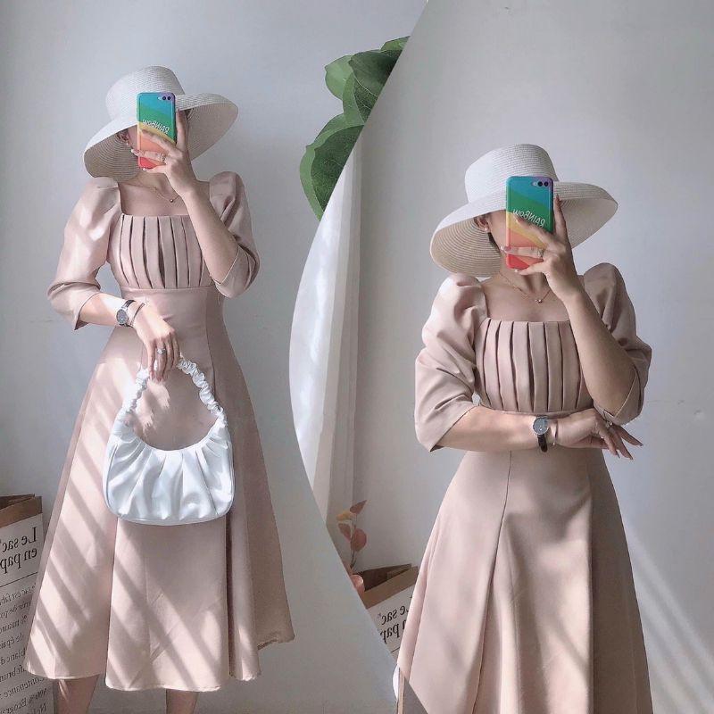 Đầm váy nữ nude xòe xếp li ngực tay lửng TKN