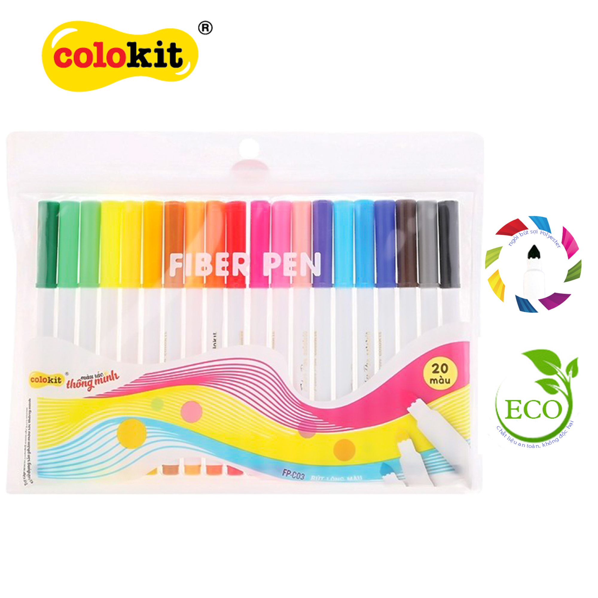 Bút lông màu Fiber Pen Thiên Long Colokit an toàn sử dụng tô màu, vẽ tranh, calligraphy, 20 màu basic FP-C03