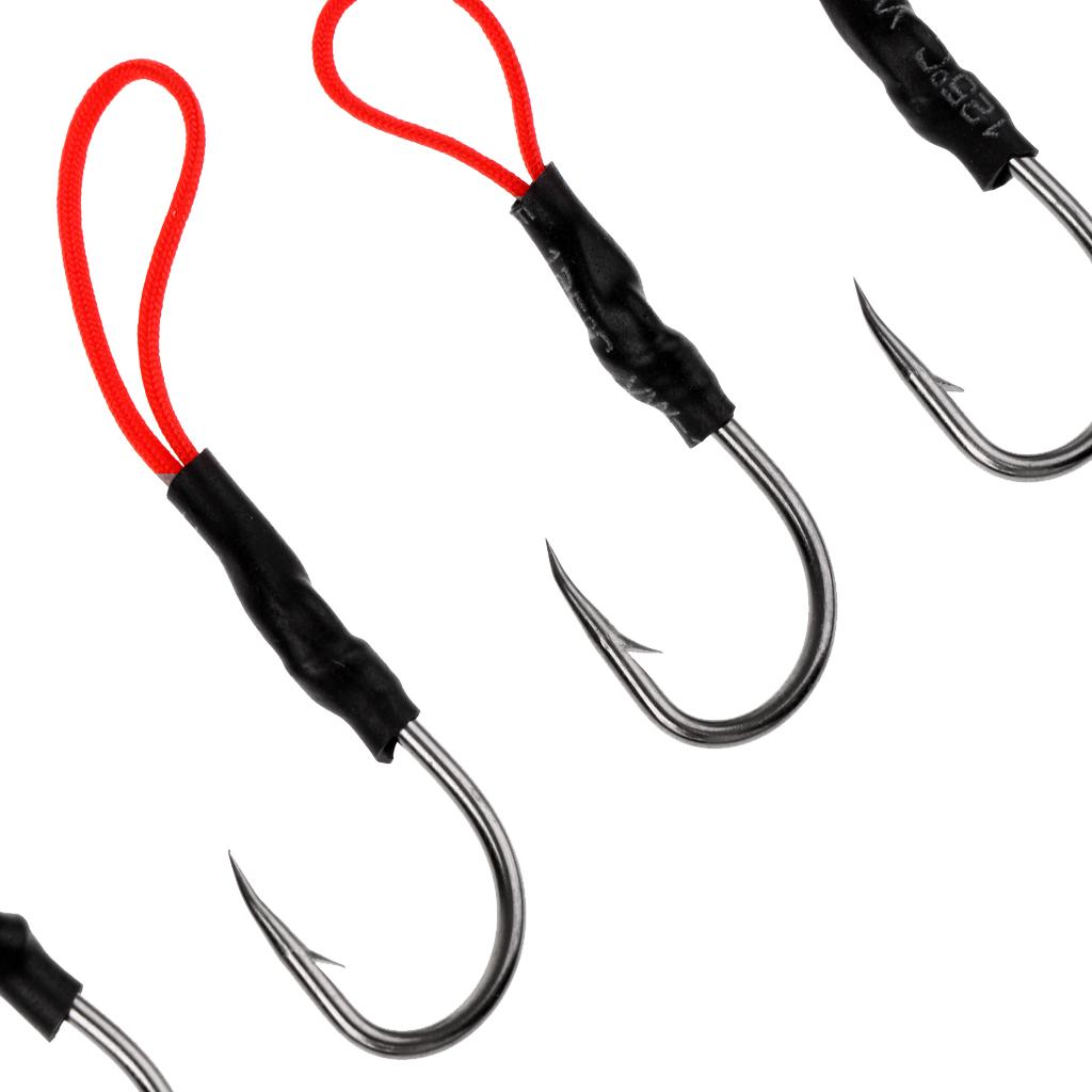 5 Pieces/Pack Fishing Assist Hooks - Barbed Jigging Assist Hooks Stainless Steel Assist Fishing Hooks Fishhooks with Red PE Line