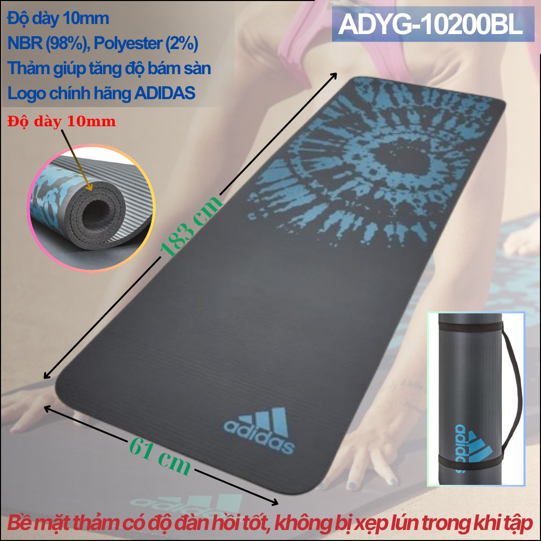 Thảm Tập Fitness, Yoga ADIDAS ADYG-10200BL Tie-Dye Cao su NBR Độ dày 10mm - Hàng Chính Hãng