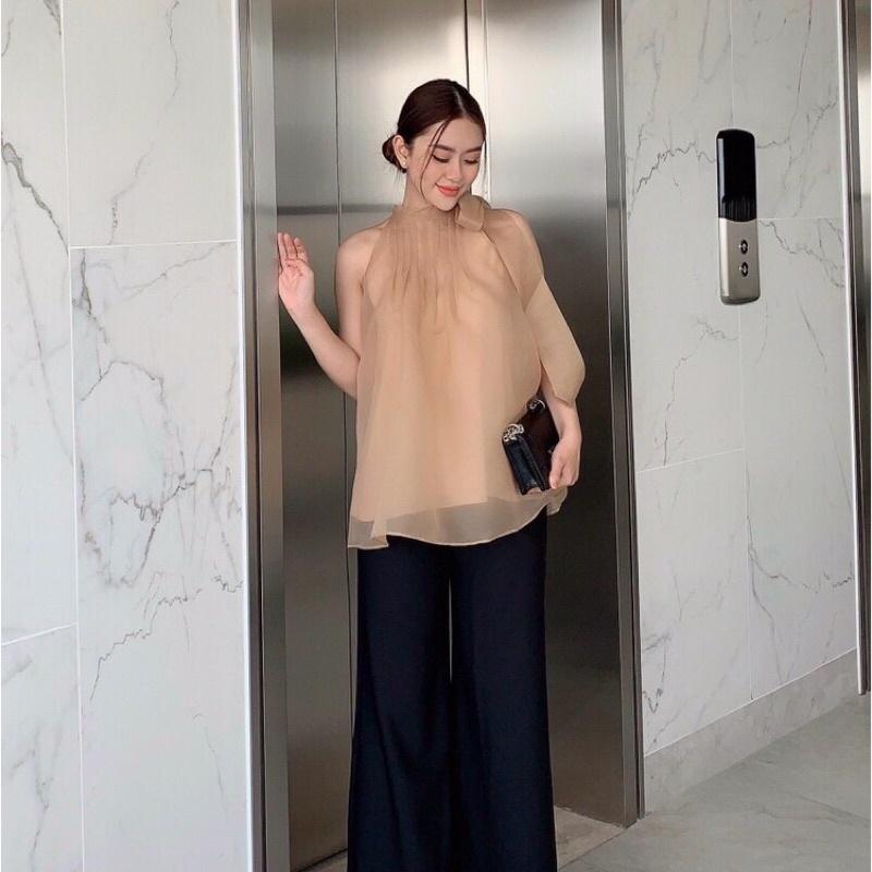 Áo voan tơ cổ yếm xếp li cột nơ