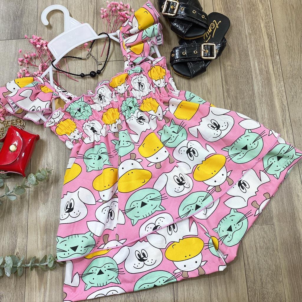Bộ quần áo bé gái 2 dây hồng họa tiết mèo chất liệu lụa 8-23kg Angel Baby Thời Trang Thiết Kế