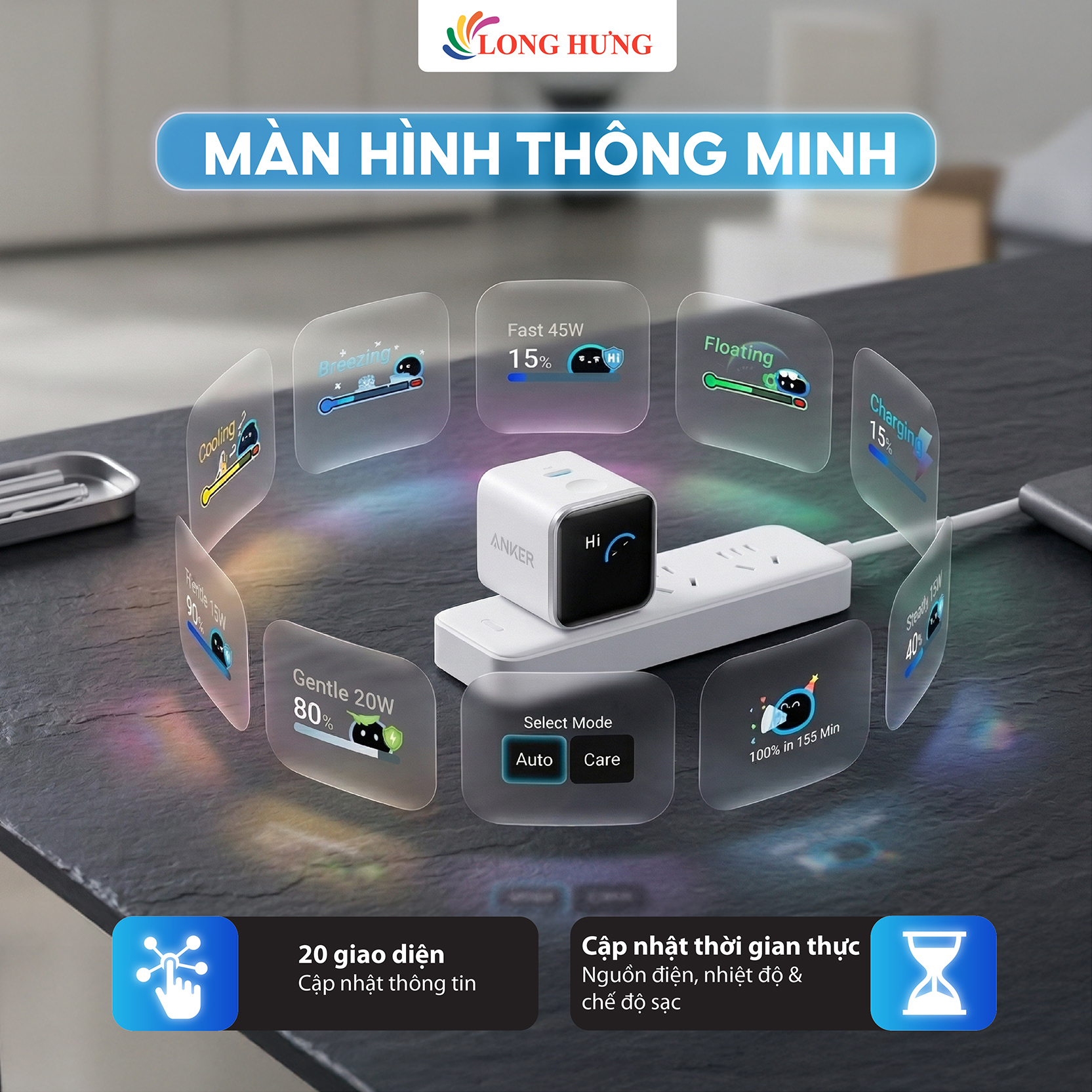 Cốc sạc Anker Nano 1C GaN Compact 180° Foldable Smart Display IQ3 45W A121D - Hàng chính hãng