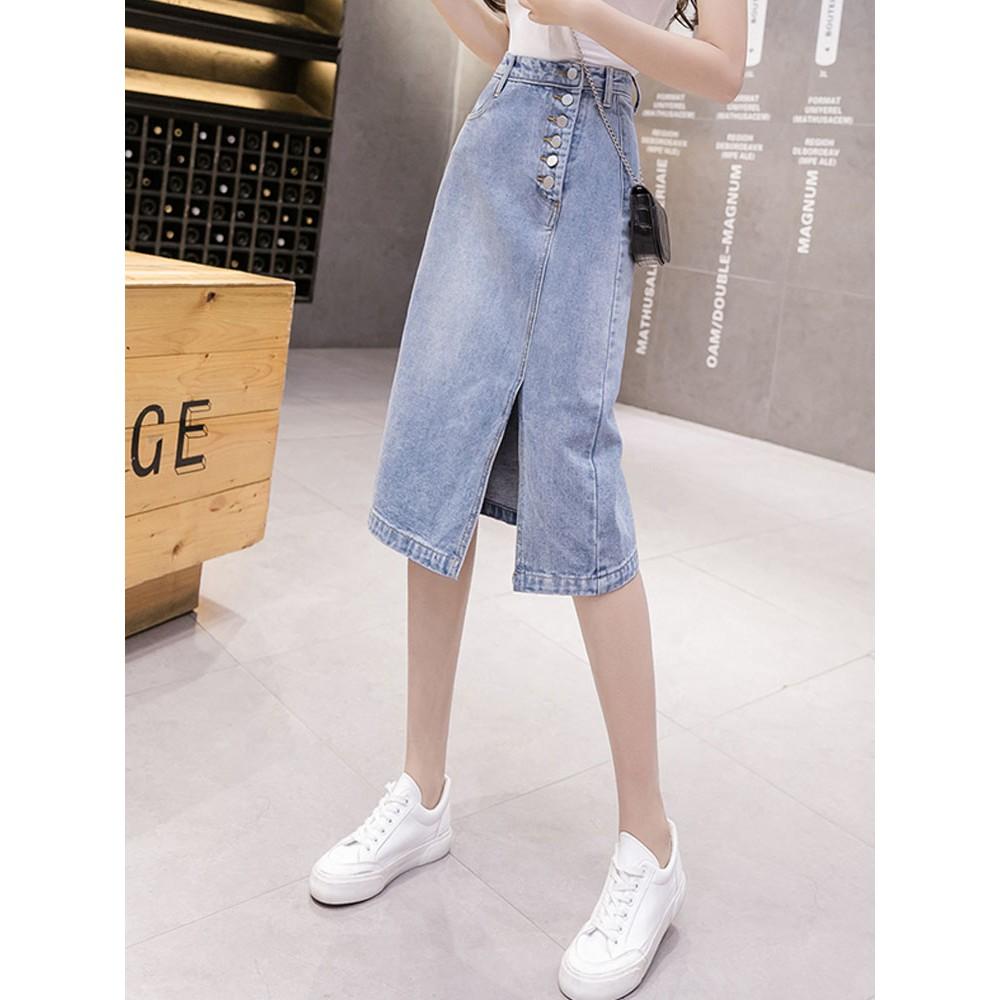 Váy denim dài giữa mùa hè 2021 mới lưng cao có xẻ tà váy