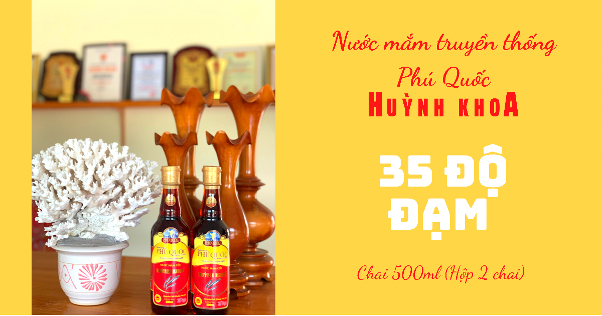 Đặc Sản Kiên Giang - Nước mắm truyền thống Phú Quốc Huỳnh Khoa - 35 độ đạm - Hộp 2 chai 500ml