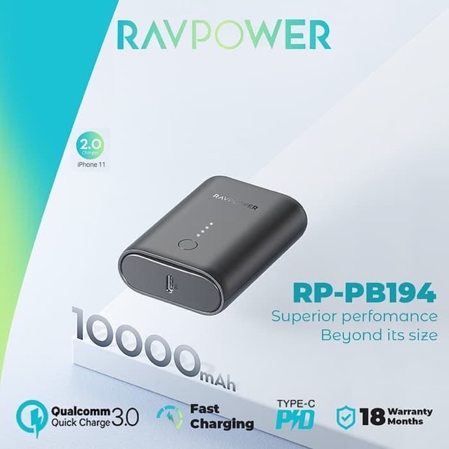 Combo Sạc Dự Phòng Siêu Nhỏ 10.000mAh PD QC 3.0 18W RP-PB194 Và Cáp USB Type C to Lightning MFI C94 20W RAVPower RP-CB054 - Hàng Chính Hãng