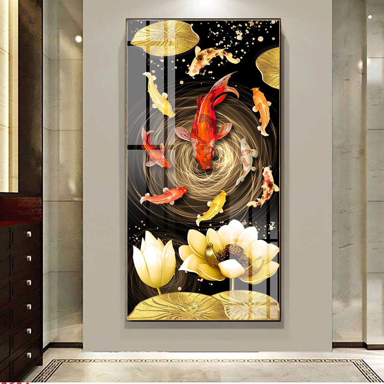 Khung Tranh Đơn Trang Trí Cao Cấp - Tranh Canvas Chín Con Cá Chép Bên Hoa Sen