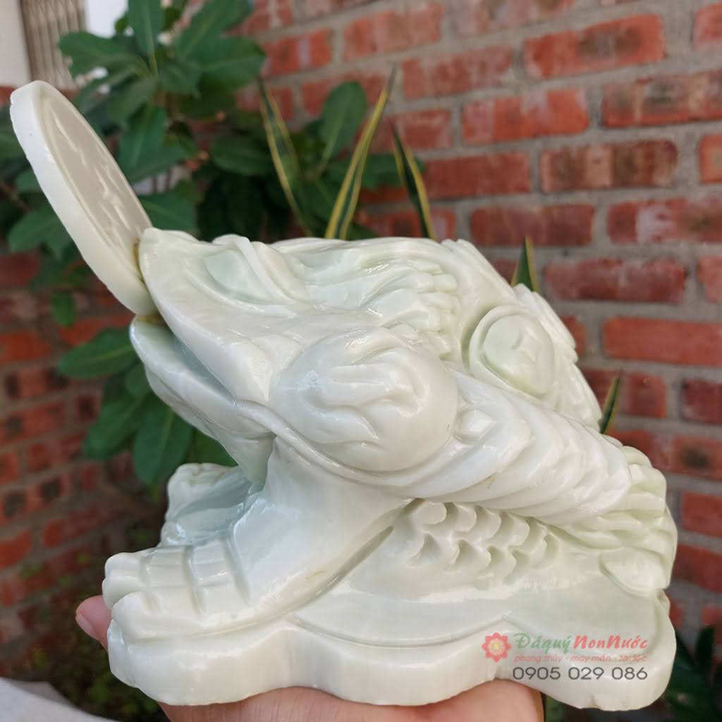 Tượng thiềm thừ cóc 3 chân đá trắng xanh 19cm đá Non Nước