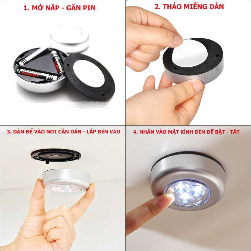 Bóng Đèn Led Dán Tường 3 bóng (combo 5 bộ) siêu sáng dùng pin 3A – Tích hợp xốp dính 2 mặt - Dán kệ sách, tủ quần áo, cốp xe, tường, tủ bếp, đầu giường