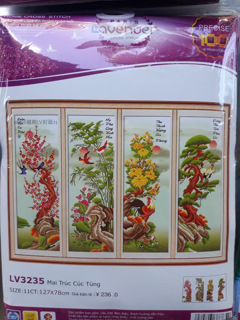 Tranh thêu chữ thập tứ quí mai trúc cúc tùng LV3235 - 127 x 78 cm - chưa thêu