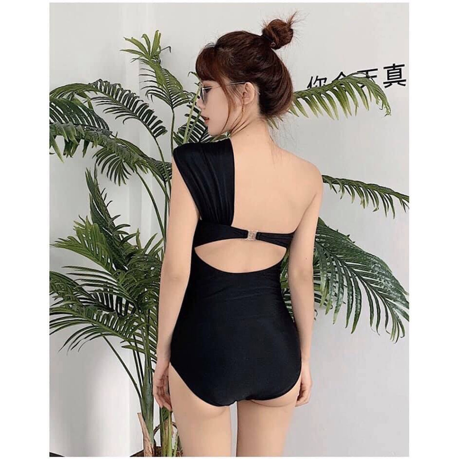 Đồ bơi nữ bikini 1 mảnh liền thân lệch vai nữ tính mặc đi biển đi bơi - Đen