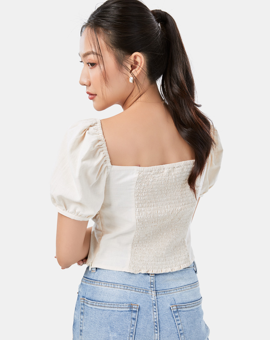 Áo Kiểu Nữ Thời Trang JUNO Cổ V Khoen Tròn Tay Phồng JNAKI014