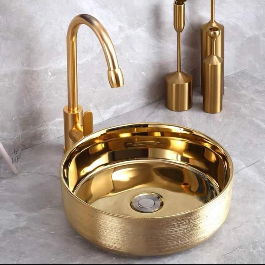 Chậu sứ lavabo để bàn kiểu tròn màu vàng óng phong cách hoàng gia