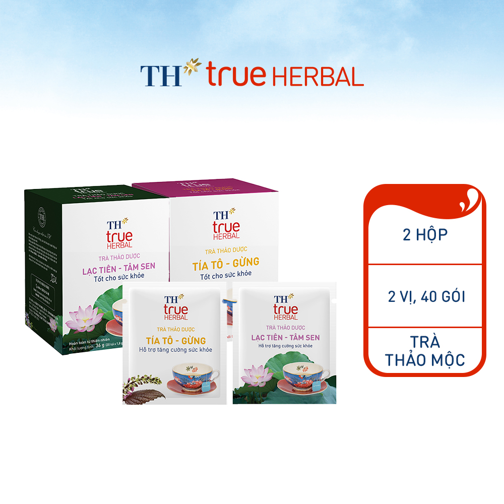 Bộ 2 hộp Trà Lạc tiên – Tâm sen &amp; Trà Tía tô – Gừng TH True Herbal (40 gói)