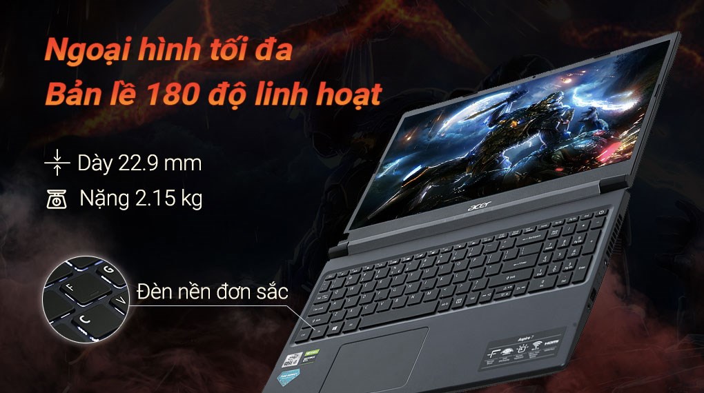 Máy Tính Xách Tay Laptop Acer Aspire 7 Gaming A715-75G-58U4 (NH.Q97SV.004) (Core i5-10300H, 8GB Ram, 512GB SSD NVMe, 15.6 inch IPS FHD, GTX 1650 4GB, Win11H, 2.15Kg, Đen) - Hàng Chính Hãng