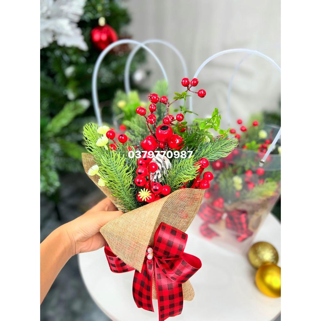 Bó hoa lụa quà tặng dịp lễ,sinh nhật,noel đào đông đỏ cành quả cherry