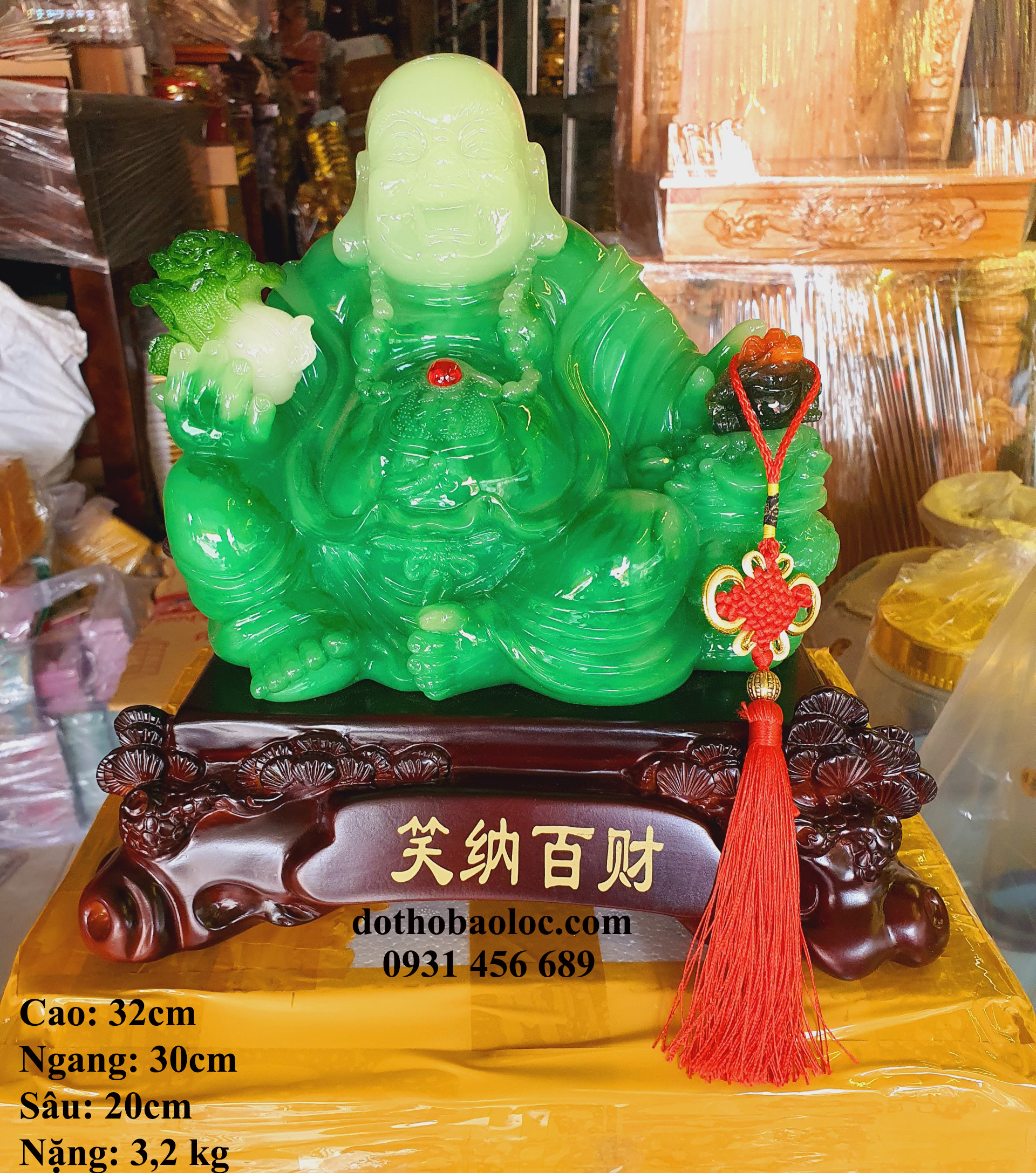 Tượng phật Di Lạc phong thủy màu xanh ngọc cao 32cm