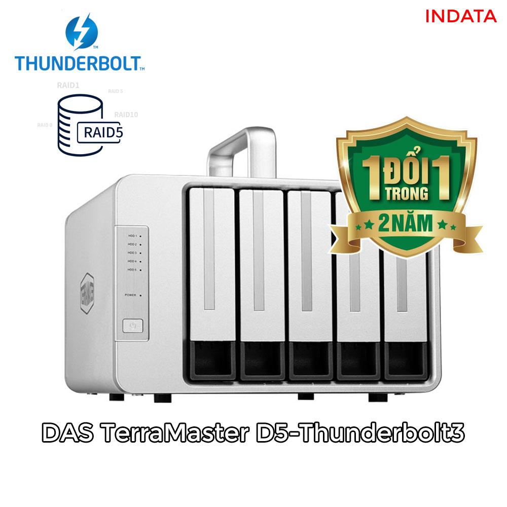 Bộ lưu trữ dữ liệu DAS TerraMaster D5-Thunderbolt 3 chuyên cho xử lý video và xử lý ảnh, 40Gbps, 1035MB/s, 5 khay ổ cứng RAID 0,1,5,10,JBOD,Single - Hàng chính hãng