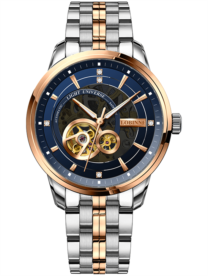 Đồng hồ nam Lobinni L5013-3 Chính hãng Thụy sỹ ,Kính sapphire nguyên khối ,chống xước,chống nước 50m,mặt xanh vỏ vàng hồng dây thép không gỉ 316L,Đồng hồ cơ  bảo hành 24 tháng, hàng mới 100%,thiết kế lộ cơ trẻ trung và sang trọng
