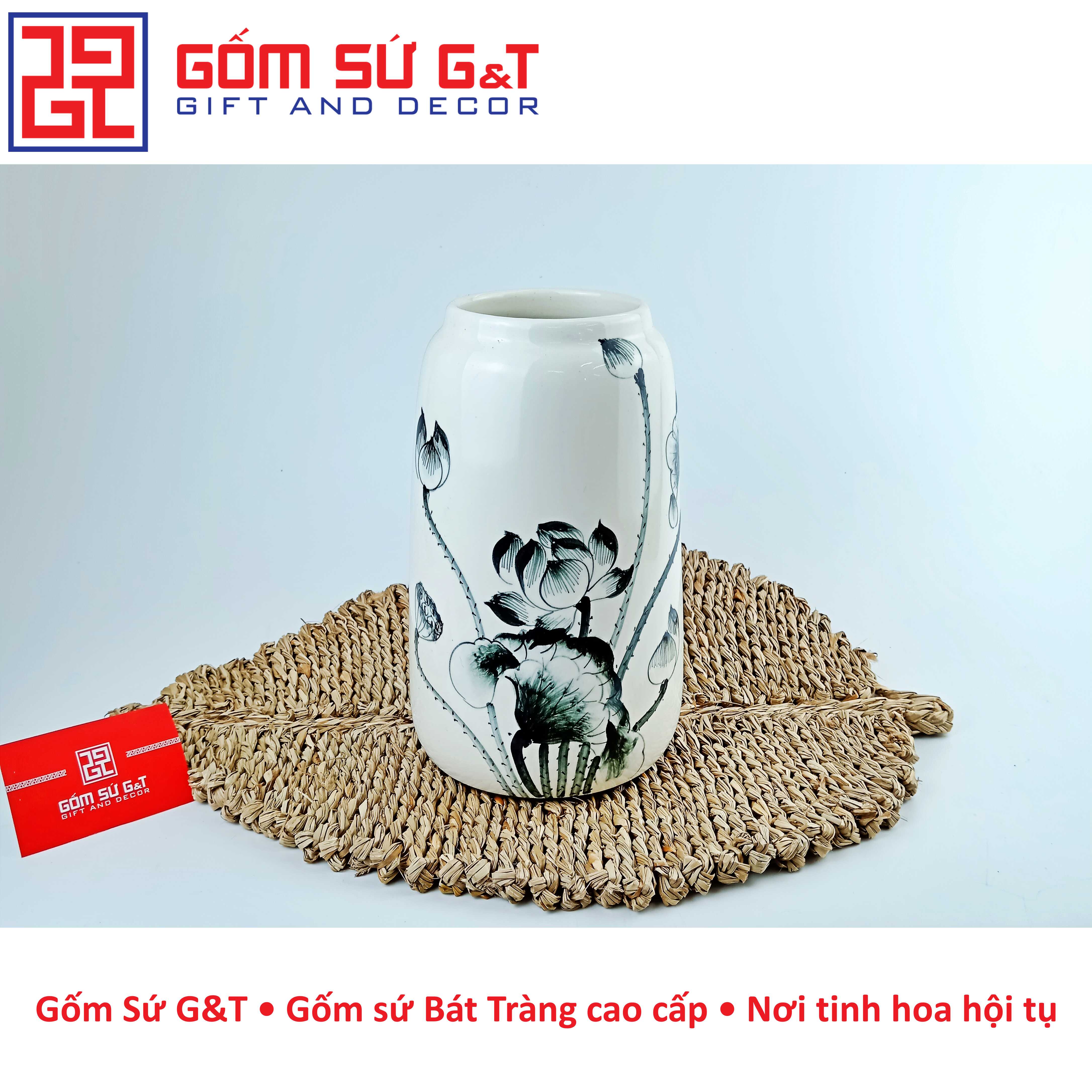 Lọ hoa dáng đu đủ vẽ sen tràm Gốm Sứ G&amp;T