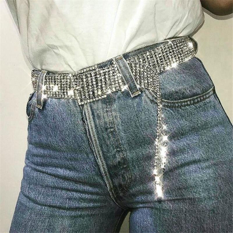 Vàng Bạc Lấp Lánh Pha Lê Thắt Lưng Có Thể Điều Chỉnh Khóa Kim Loại Dài Waistbands Gợi Cảm Nữ Đảng Câu Lạc Bộ Dây Màu 2020
