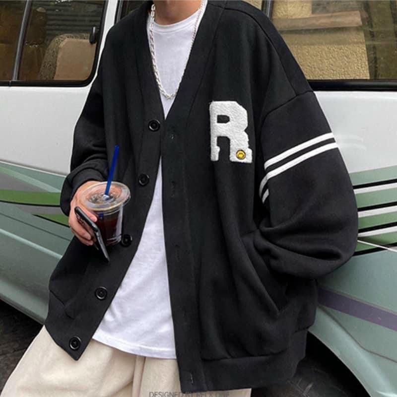 Áo cardigan phom rộng cổ chữ V unisex nam nữÁo khoác bomber thêu chữ,kiểu hàn quốc chất nỉ PE cao cấp