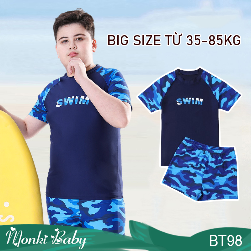 Bộ bơi big size cho bé trai mập béo, mẫu áo cộc tay quần đùi phóng khoáng, size cỡ lớn đến 78kg, chất thun bơi lạnh mịn mát đẹp | BT98