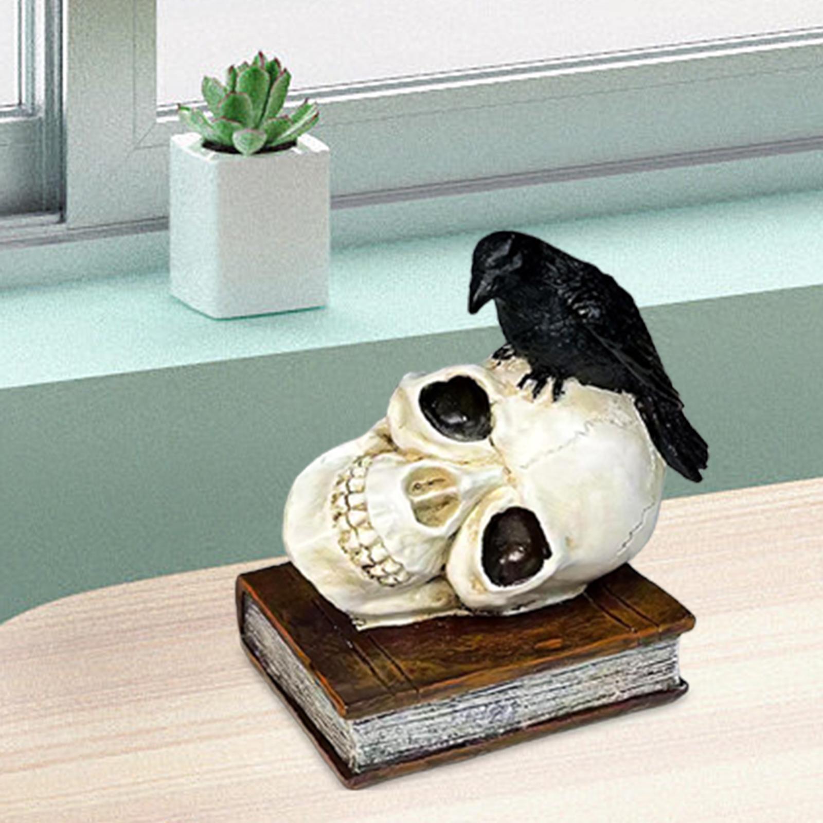 Perched Raven on Skull and Book Statue Ornament for Halloween Desktop Coffee
