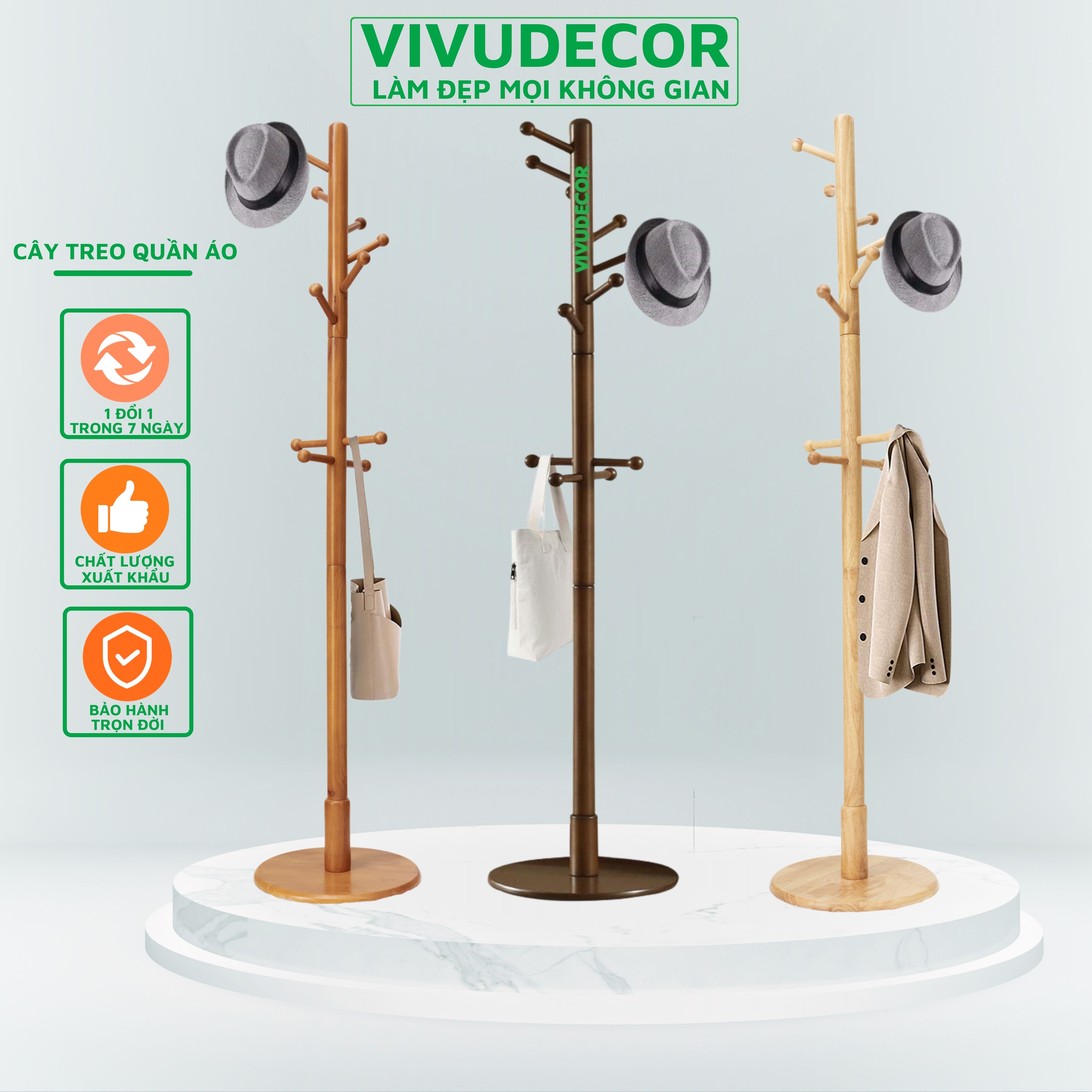 Cây treo quần áo VIVUDECOR CT10 100% gỗ tự nhiên 10 nhánh