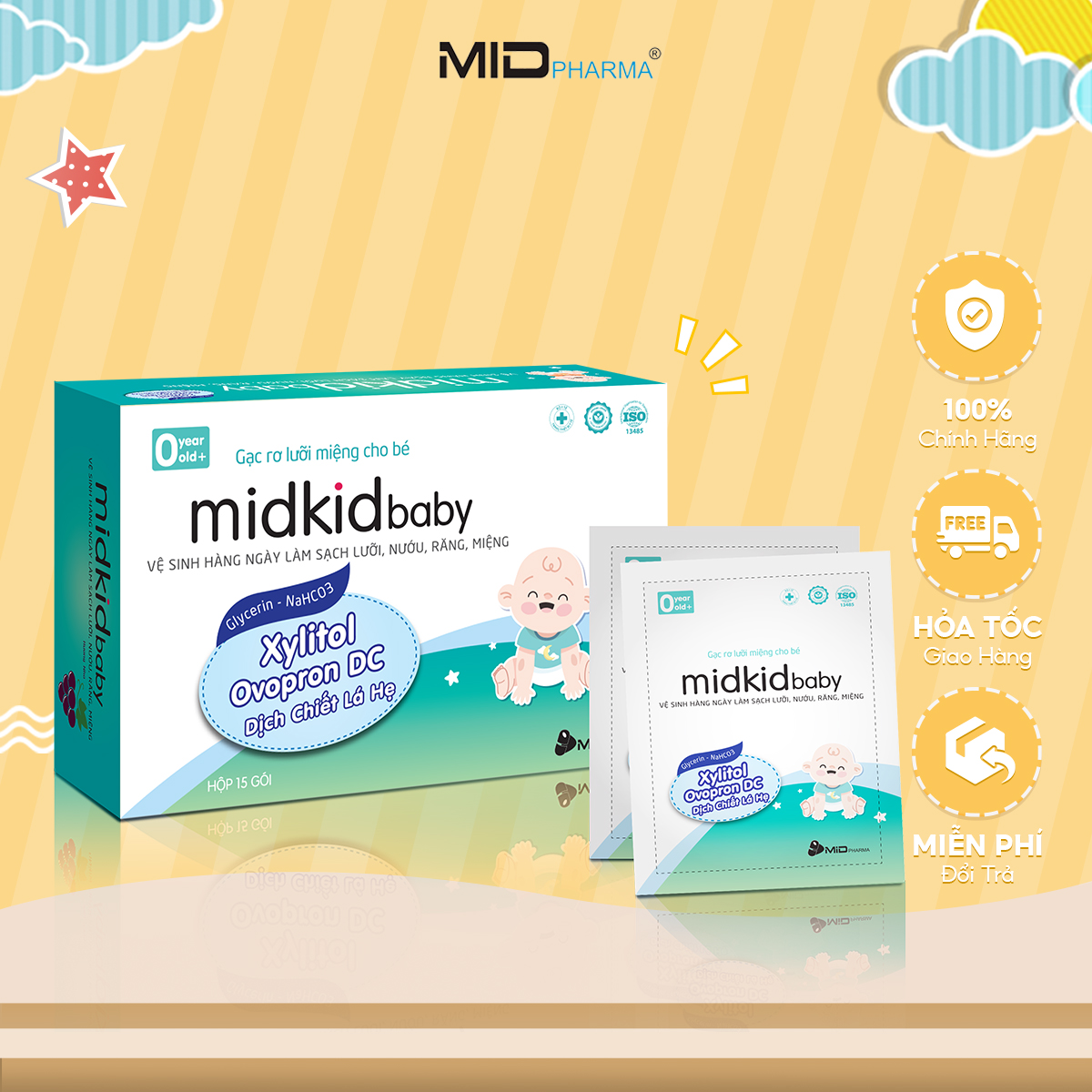 Gạc rơ lưỡi Midkid Baby cho bé sơ sinh giúp làm sạch lưỡi, răng nướu và khoang miệng, an toàn, đạt tiêu chuẩn ISO 5 sao