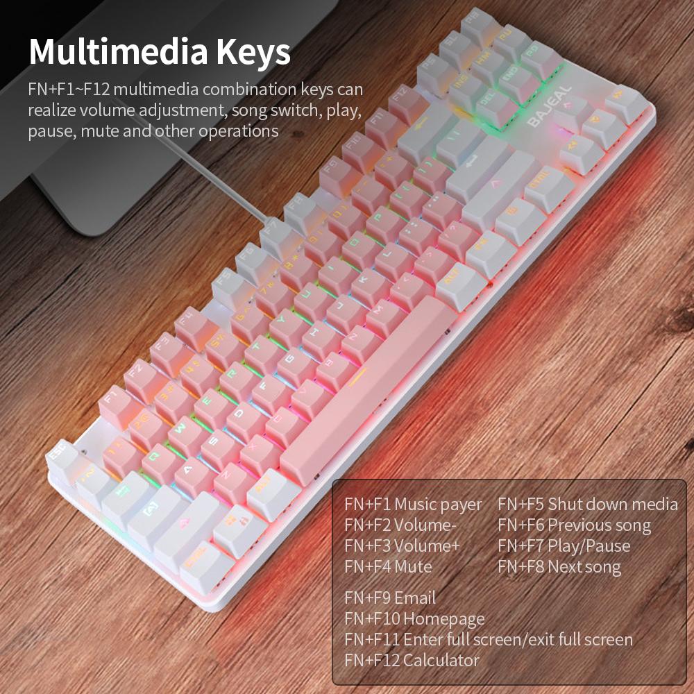 BAJEAL 87 Keys Wired Mechanical Keyboard Mixed Light Mechanical Keyboard with Mechanical Blue Switch Suspension Button