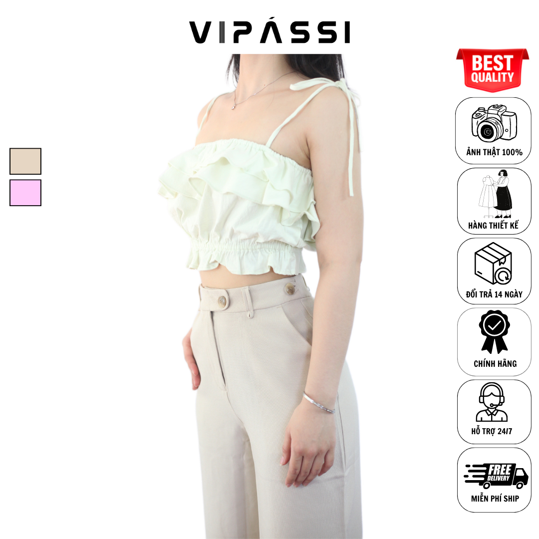 VIPÁSSI - Quần Tây Dài Dáng Suông Loe Nhẹ Khóa Kéo Lưng Cao Họa Tiết Quai Dê Ngắn