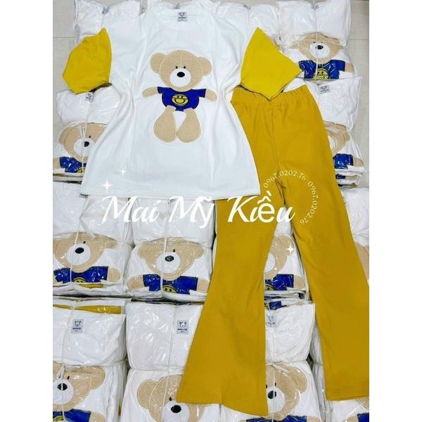 Set quần ống rộng áo thun cotton tay phối gấu thêu xinh xắn