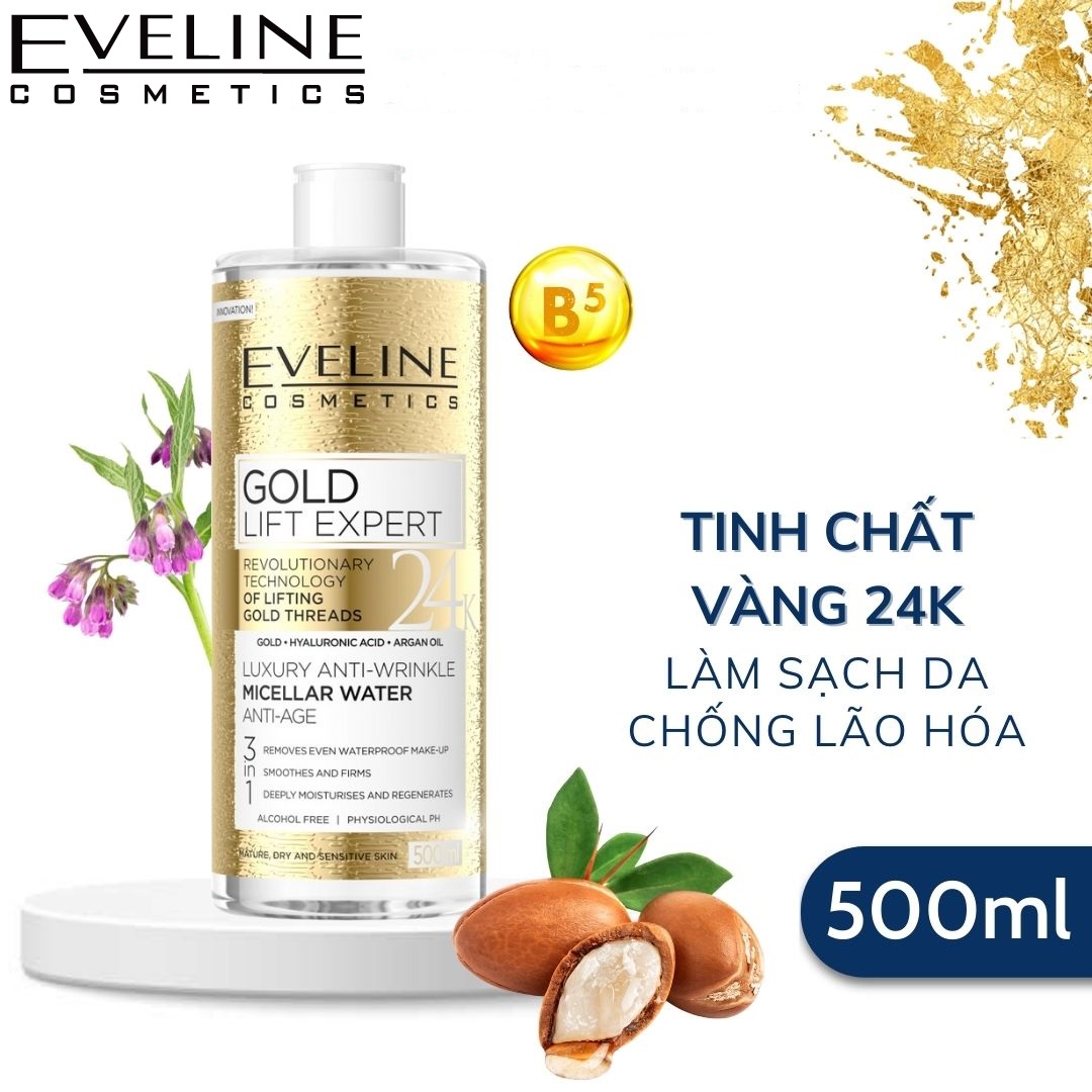 [ Tặng serum eveline 3% ] Nước tẩy trang Eveline Gold Lift Expert cao cấp chống nhăn da 3 trong 1 500ML