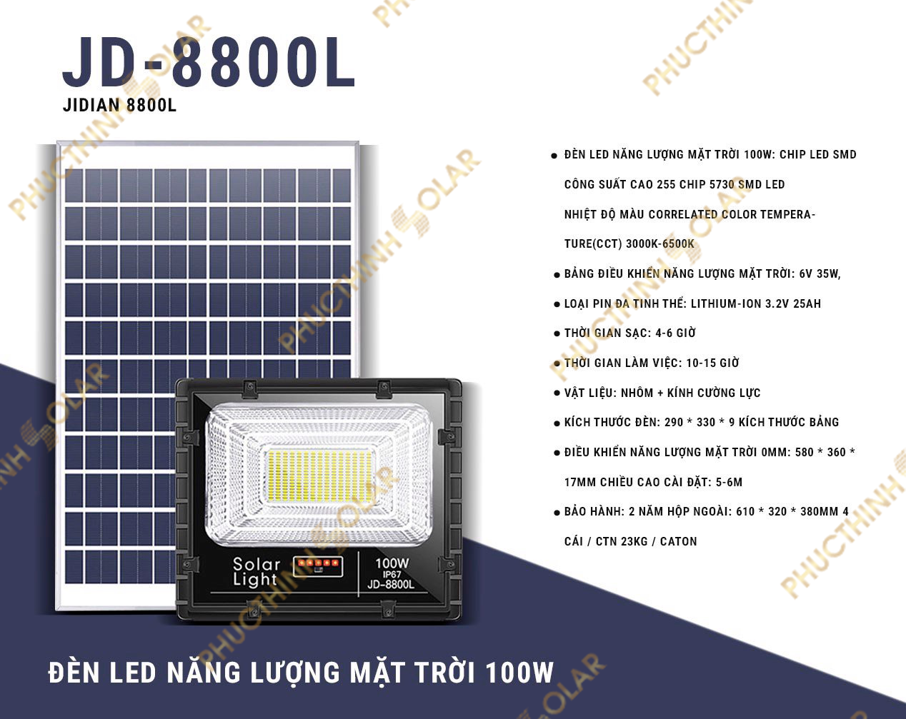 Đèn Năng Lượng Mặt Trời 100W Jindian JD-8800L Đèn Pha Led Cảm Biến Ánh Sáng, Có Điều Khiển Thông Minh | Phúc Thịnh Solar