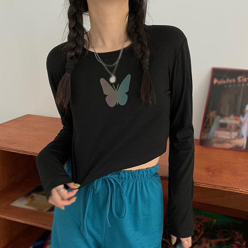 Áo Thun Tay Ngắn Họa Tiết Hình Bướm Phản Quang Dễ Thương Cho Nữ
