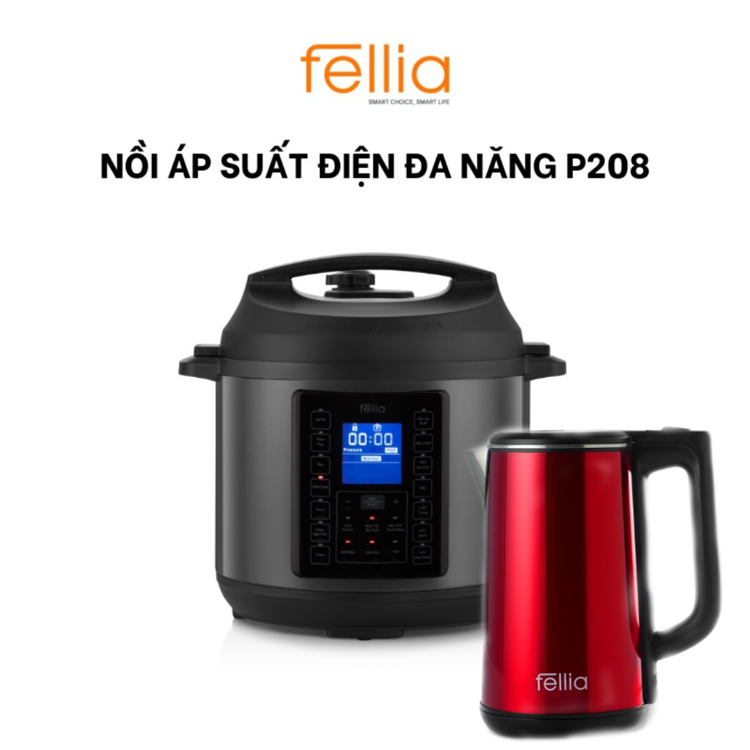 COMBO Nồi áp suất điện đa năng Fellia P208-6L+ Ấm Siêu Tốc Fellia-Hàng Chính Hãng