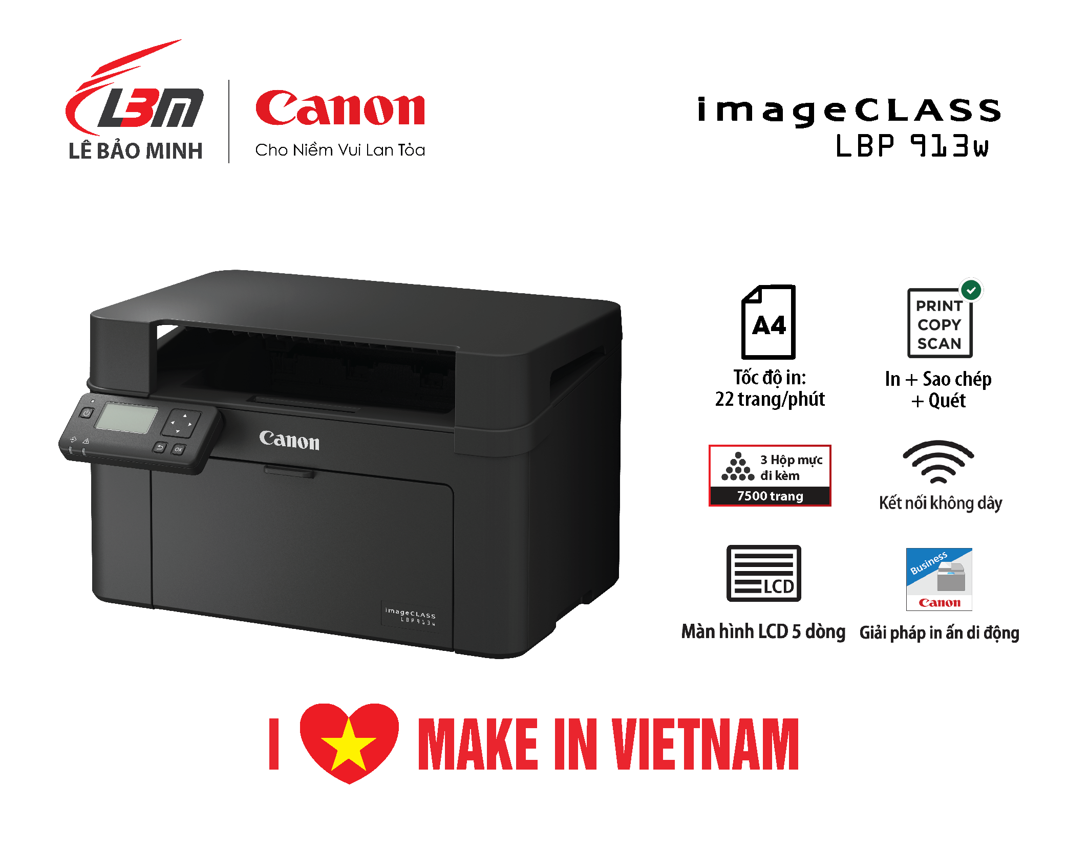 Máy in laser đơn năng Canon LBP913w- Hàng chính hãng