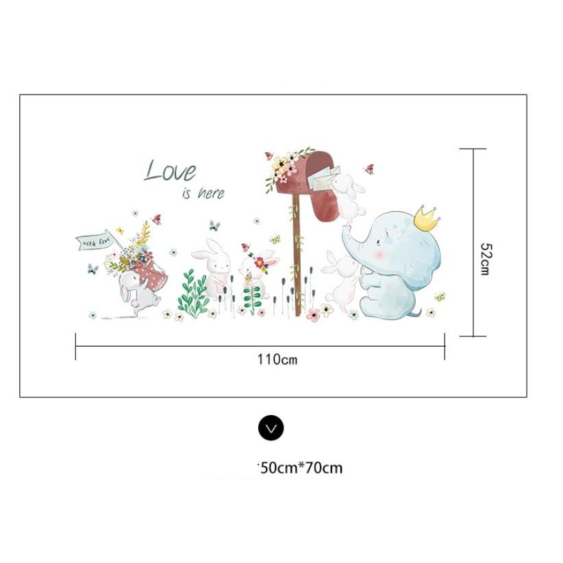 Decal trang trí tường - Khu Vườn Thỏ Trắng Voi xanh màu nhạt