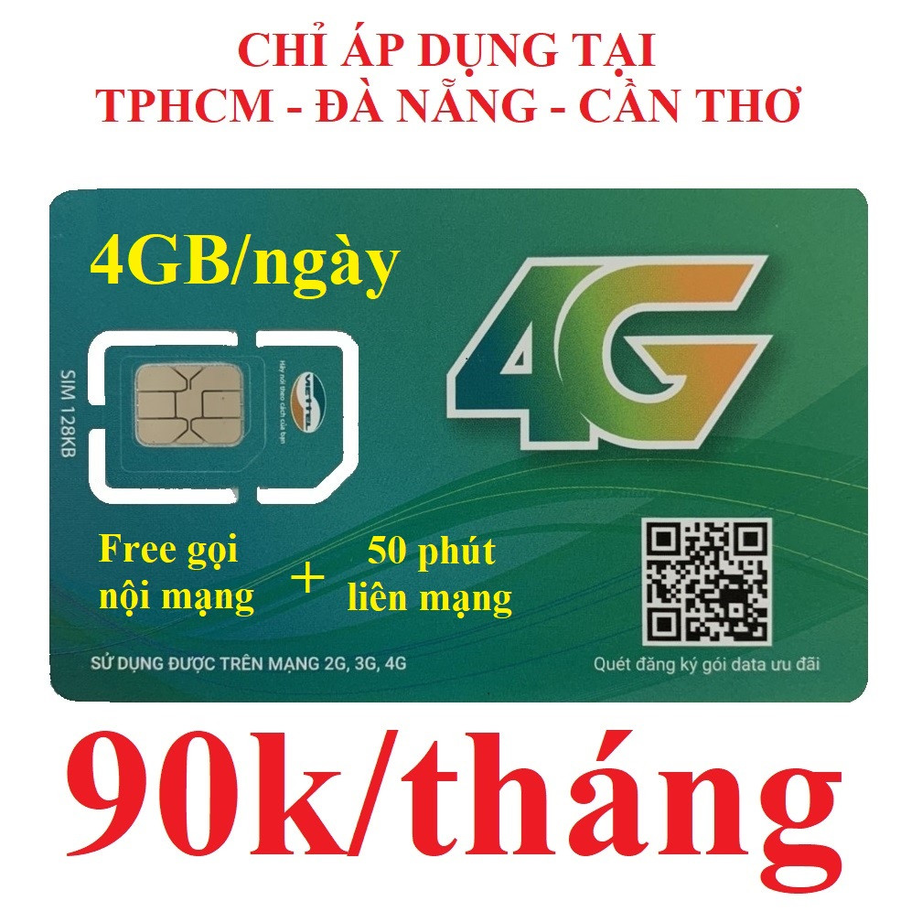 SIM 4G VIETTEL V120Z (90.000/tháng: Có 4GB/NGÀY, GỌI VIETTEL MIỄN PHÍ CÁC CUỘC GỌI &lt;20 phút, NGOẠI MẠNG 50 Phút/tháng). CHỈ ÁP DỤNG TẠI TP.HCM - CẦN THƠ - ĐÀ NẴNG. Hàng chính hãng