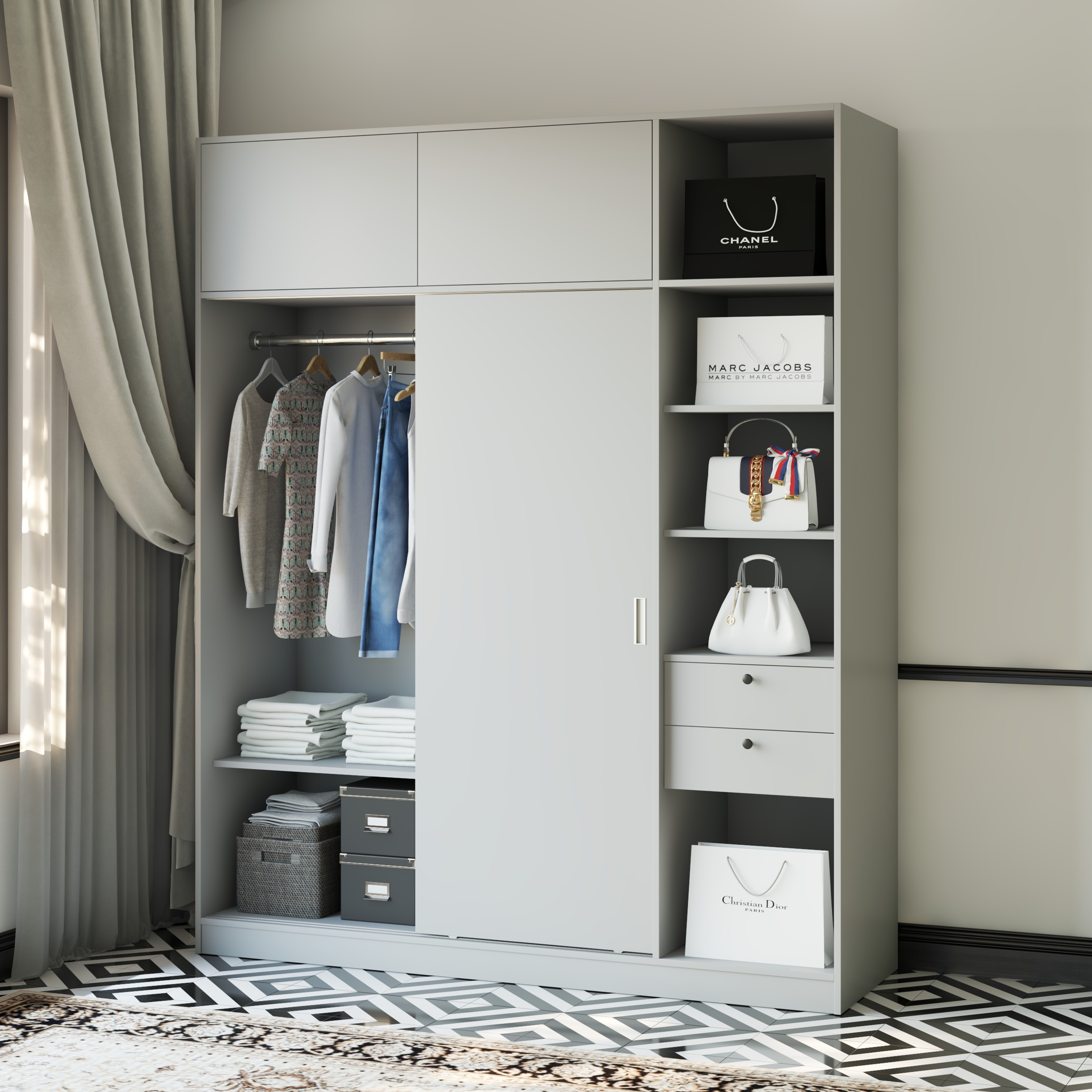 ELEGANT, Tủ quần áo cửa lùa 1m8x2m2 , 180cm x 54cm x 220cm , TCL_006