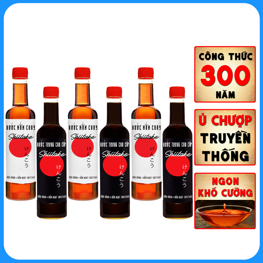Đặc Sản Phan Thiết - Combo 3 Nước Tương Shiitake và 3 Nước Mắm Shiitake Chai Nhựa Cao Cấp 525Ml Từ Nấm Ngọt Shiitake Và Đậu Nành Nhật Bản